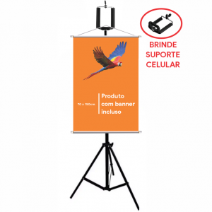 kit - Porta Banner + banner  Trpé com 1,75m de altura aberto 4X0 - Colorido Frente  Bastão e corda Brinde (Suporte celular)